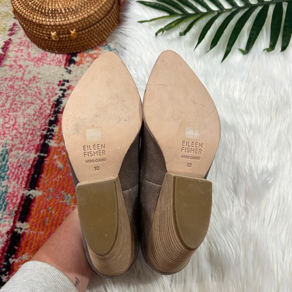 $210 Eileen Fisher Brown Block Heeled Hawk Metallic Suede Pump Heel 10 - Picture 10 of 11